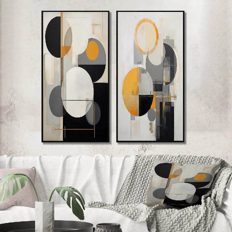 abstract cityscape wall canvas art-Designart "Energy Of Possibility Retro Circular Abstract III" Modern Geometric Framed Wall Art Set Of 2