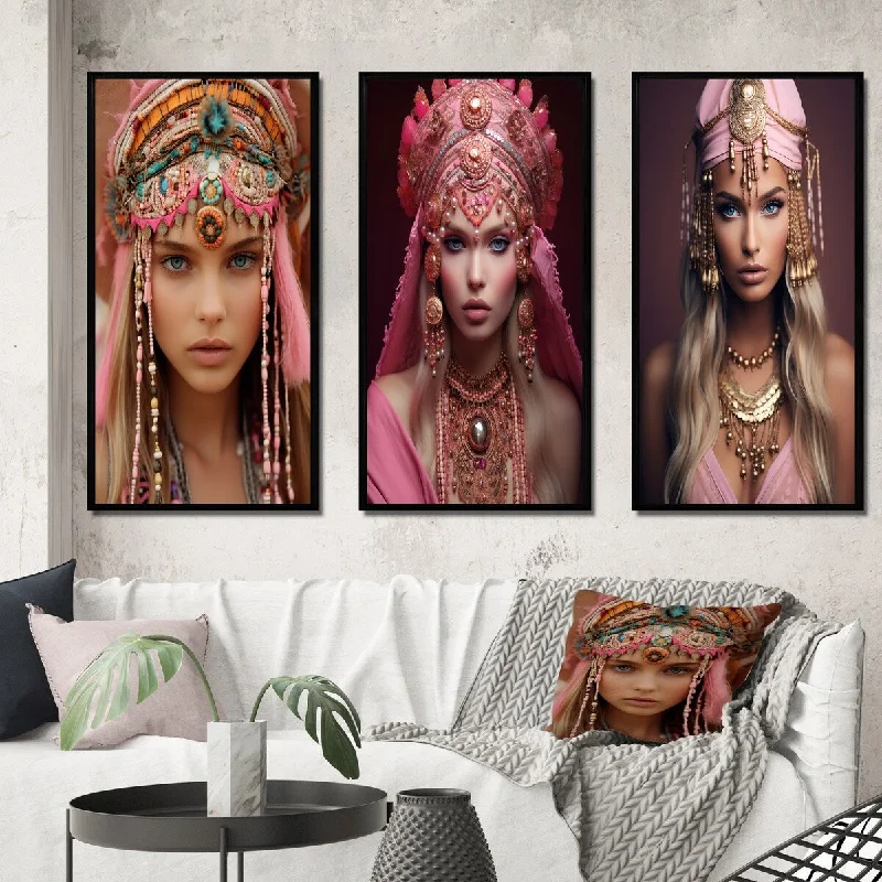 retro tropical nature paintings-Designart "Exquisite Grace Portrait Of Boho Queen II" Boho Woman Framed Wall Art Set Of 3 - Glam For Office Decor