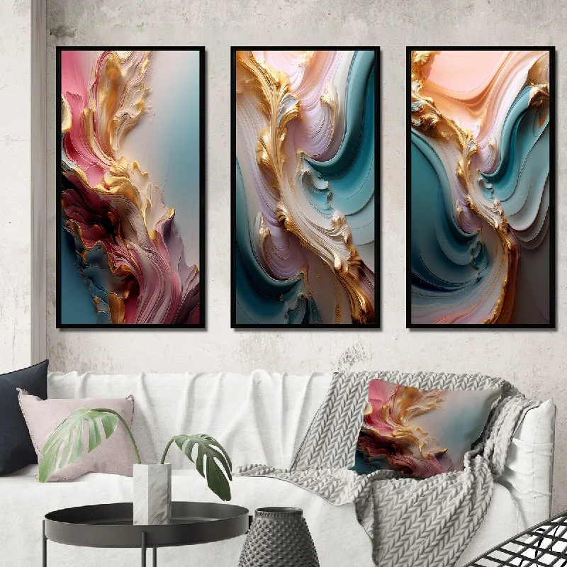 bold floral wall decorative paintings-Designart "Exquisite Wave Symphony Liquid Gold Pink Blue IV" Abstract Shapes Frame Gallery Wall Set Of 3 For Home Decor