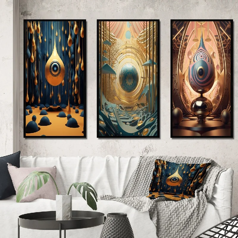 colorful nature floral canvas paintings-Designart "Eye Of The Times Retro Futuristic Minimalism IV" Abstract Landscape Frame Gallery Set Of 3 For Office Decor