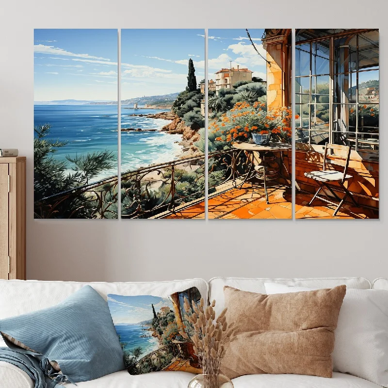 artistic large abstract cityscape paintings-Designart "French Riviera Beach Reflections" Coastal Windows Extra Large Canvas Set Of 4 - Oversized Coastal Wall Art