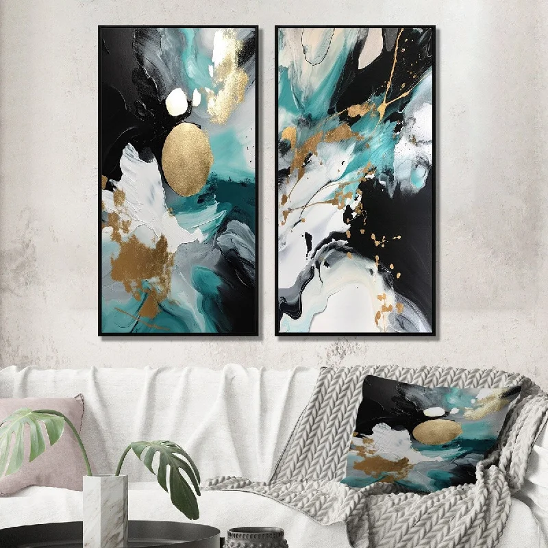 abstract large beach canvas paintings-Designart "Full Moon Happiness Gold & Turquoise Abstract II" Abstract Painting Canvas Set Of 2 For Living Room Decor