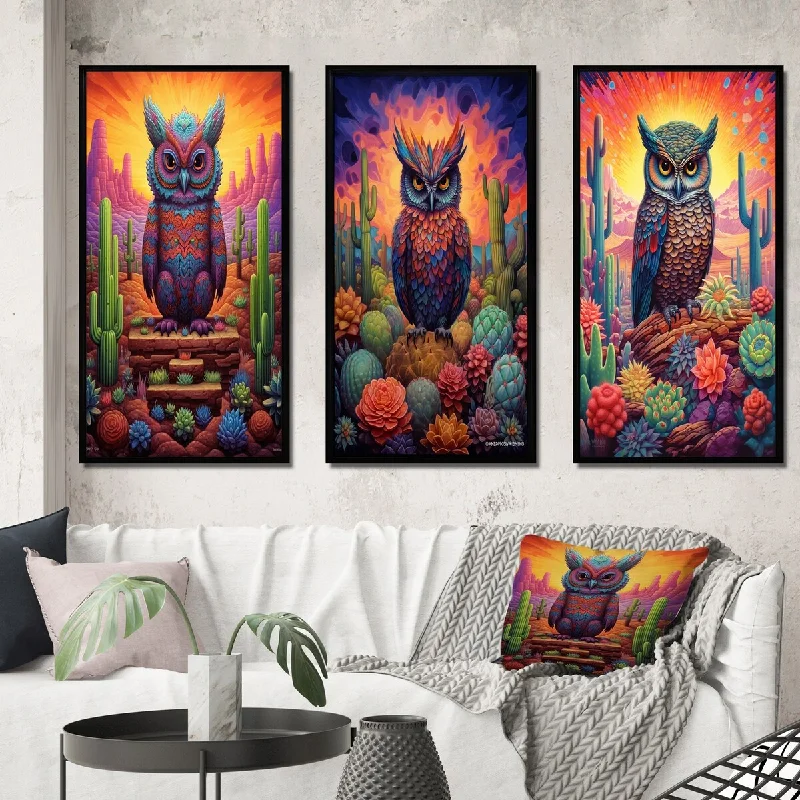 geometric large cityscape paintings-Designart "Glorious Owl Surrounded By Cacti In The Desert" Animals Owl Frame Gallery Set Of 3 For Office Decor