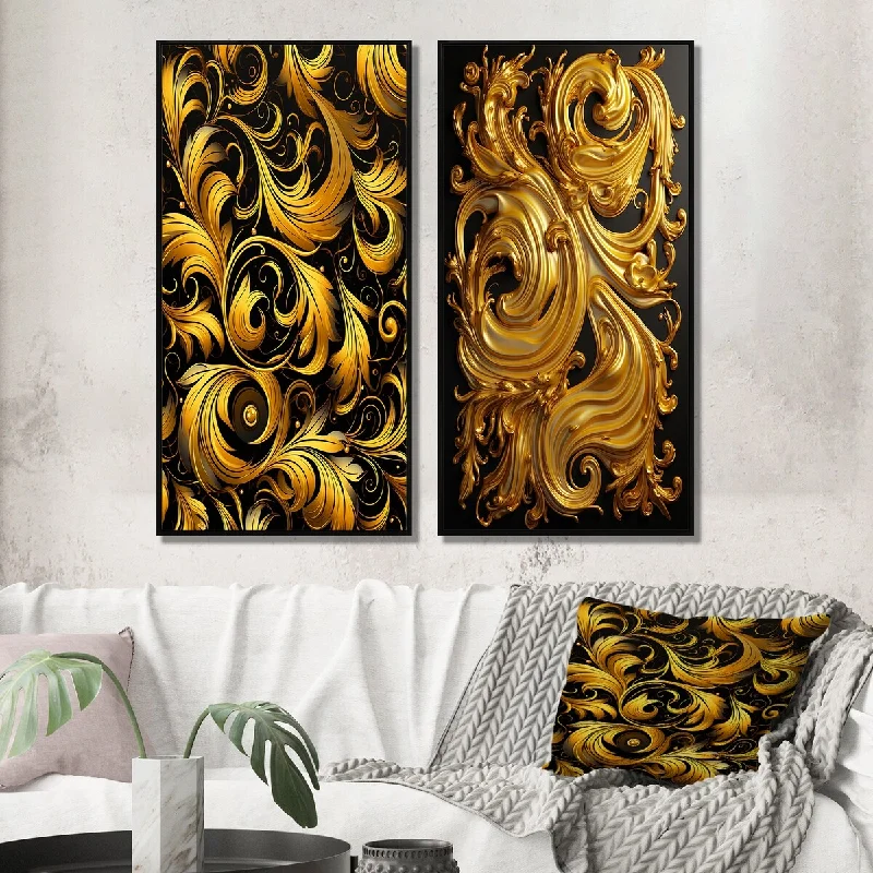 large geometric nature wall paintings-Designart "Golden Ornament Pattern On Black V" Abstract Spirals Framed - Transitional Wall Art Set Of 2