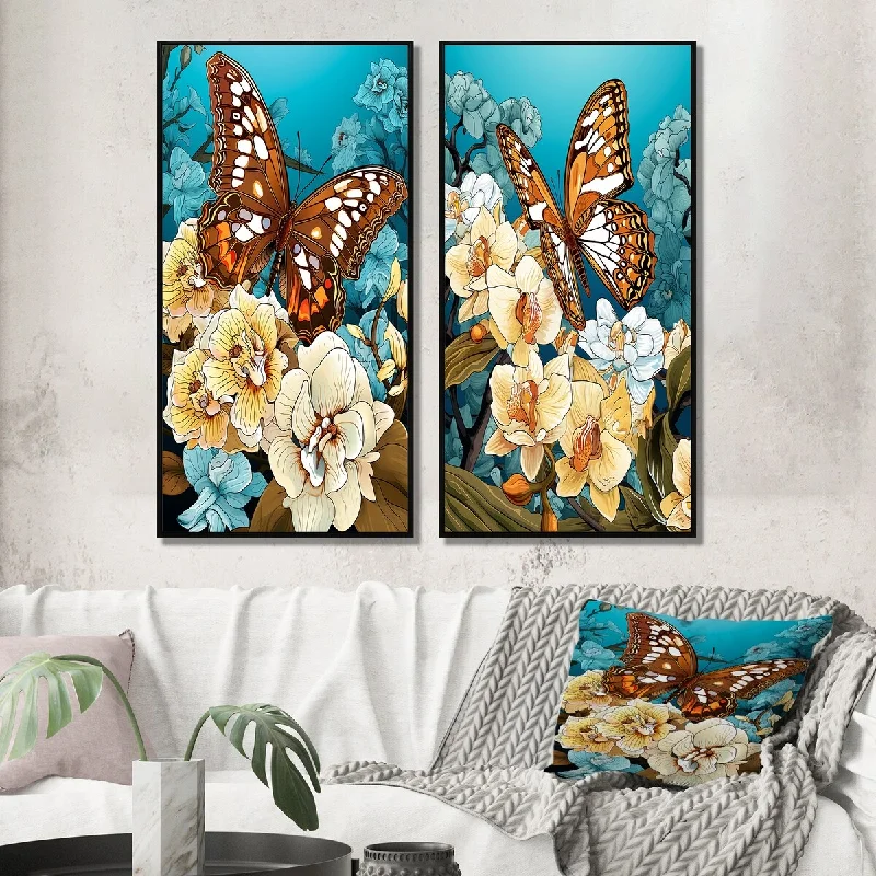 modern geometric abstract landscape paintings-Designart "Gracious Brown Butterfly On Orchids Retro IV" Animals Wall Art Décor Wall Art Set Of 2