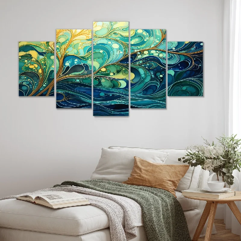 vibrant tropical beach canvas paintings-Designart "Green And Yellow Gleaming Ink II" Abstract Collages Set Of 5 - Oversized Modern Canvas Art For Bedroom Decor