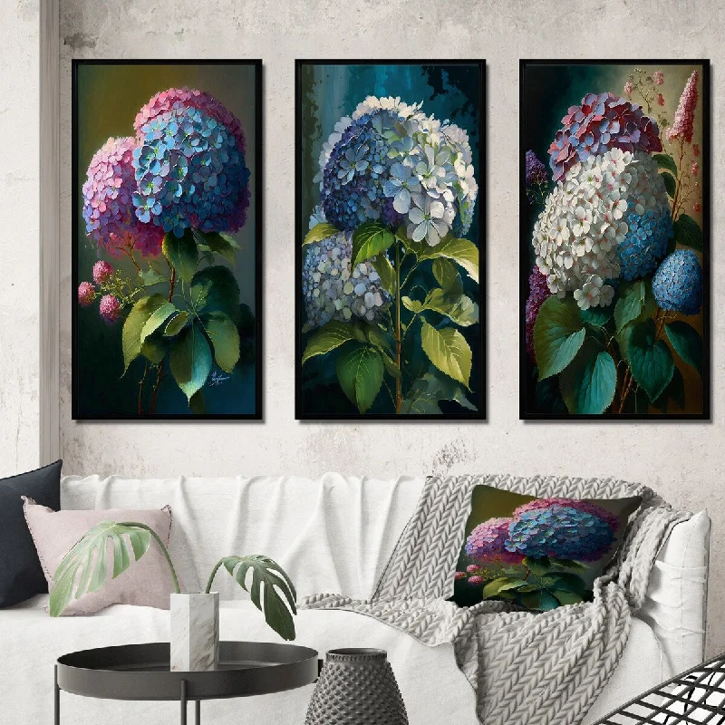 artistic retro tropical paintings-Designart "Hydrangea Bouquet Retro Illustration II" Hydrangea Framed Wall Art Set Of 3 - Traditional For Office Decor