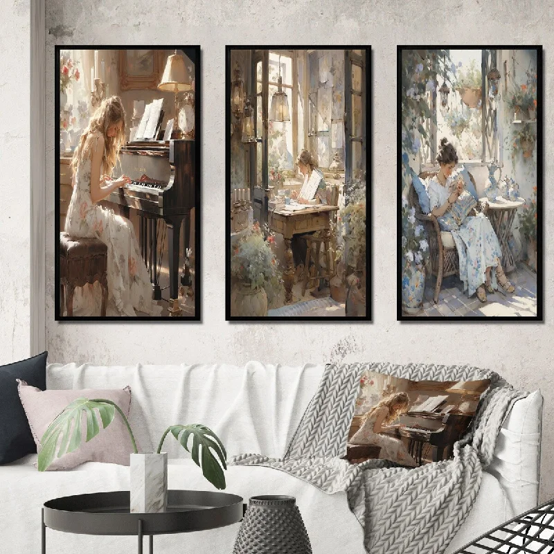 vintage geometric beach canvas paintings-Designart "Impressionistic Portrait Dreamy Elegant Woman V" Fashion Woman Frame Gallery Set Of 3 For Office Decor