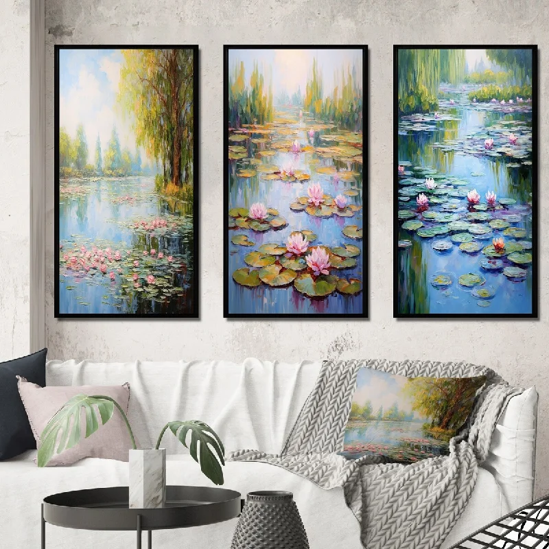 creative vintage floral paintings-Designart "Lake Serenity Blossoming Pink Water Lilies II" Lakehouse Frame Gallery Set Of 3 For Office Decor