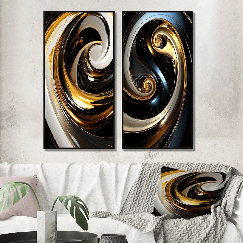 scenic nature abstract paintings-Designart "Liquid Gold Black White Abstract Minimal Spiral I" Abstract Spirals Framed Gallery Set For Office Decor