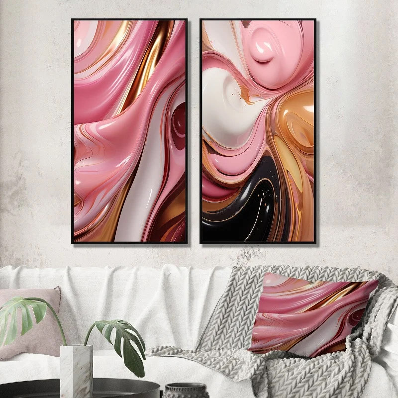 large abstract botanical flower paintings-Designart "Liquid Pink & Gold Succulent Glam Art Alchemy" Abstract Shapes Framed Gallery Wall Set For Home Decor