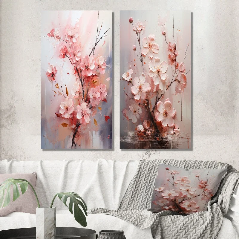 large retro flower wall art-Designart "Minimalist Pink Blossoming Cherr Blossoms II" Cherry Blossom Wall Art Set of 2 Traditional Living Room Decor