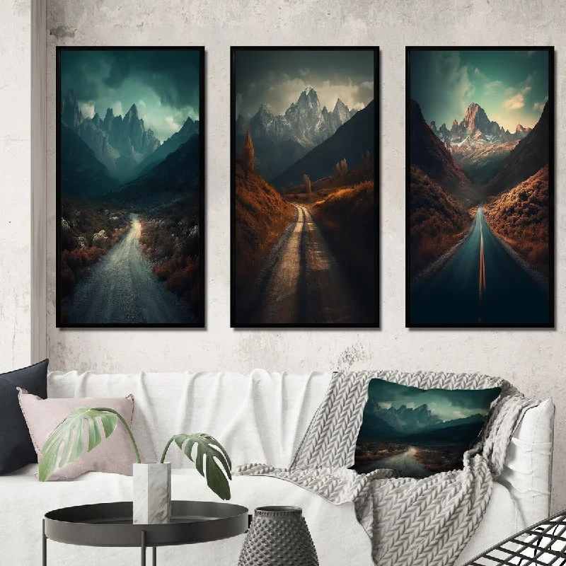 retro tropical cityscape paintings-Designart "Misty Mountain Solitude Empty Road To The Top" Meadow Framed Wall Art Set Of 3 - Traditional For Office Decor