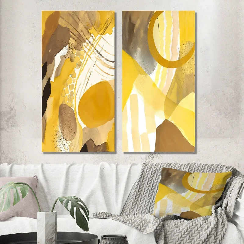 botanical floral canvas paintings-Designart "Mustard Yellow Dreams Retro Watercolor VII" Modern Wall Art Set of 2 - Mid-Century Printed Wall Décor