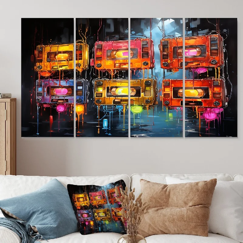 oversized tropical wall paintings-Designart "Neon Groove Cassette Tapes I" Cassette Tapes Canvas Set Of 4 - Oversized Modern Wall Art For Entryway