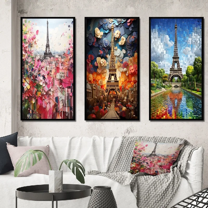 bold geometric tropical wall paintings-Designart "Paris In Bloom Vintage Collage" City Paris Framed Wall Art Set Of 3 Traditional Gallery Set For Office Decor