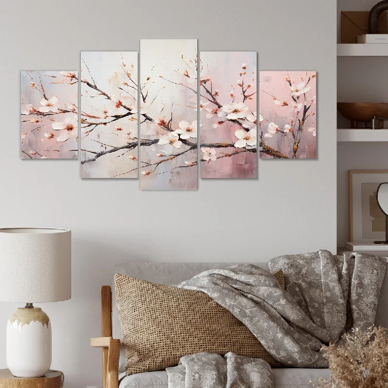 vintage coastal cityscape paintings-Designart "Pink And White Cherry Blossom Tree II" Cherry Set Of 5 Traditional Oversized Canvas Art Print For Home Decor