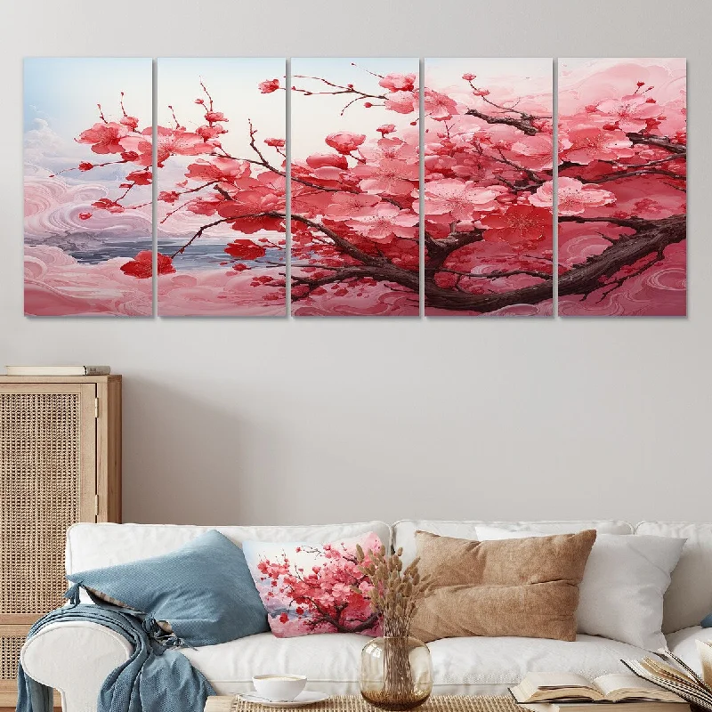 bold modern tropical paintings-Designart "Pink Blossom Cheery Tree Wind II" Pink Cherry Set Of 5 - Traditional Oversized Canvas Wall Art For Entryway