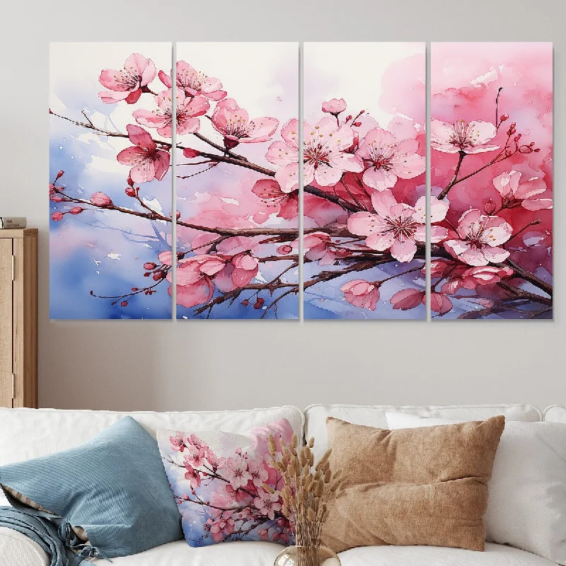 creative beach abstract canvas paintings-Designart "Pink Blossom Cheery Tree Wind III" Cherry Extra Large Canvas Set Of 4 - Oversized Traditional Wall Art Decor