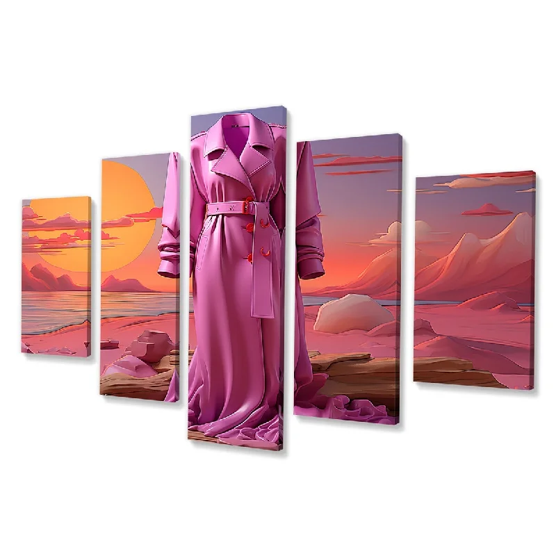 modern geometric coastal art-Designart "Pink Dress Wardrobe Sunset" Pink Balenciaga Set Of 5 - Glam Oversized Canvas Wall Art For Entryway