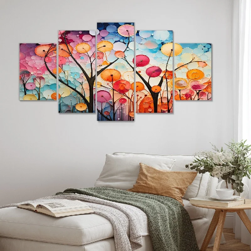 geometric abstract nature canvas paintings-Designart "Radiant Chromatic Cascade" Pink Abstract Collages Set Of 5 - Modern Oversized Wall Decor Art For Living Room