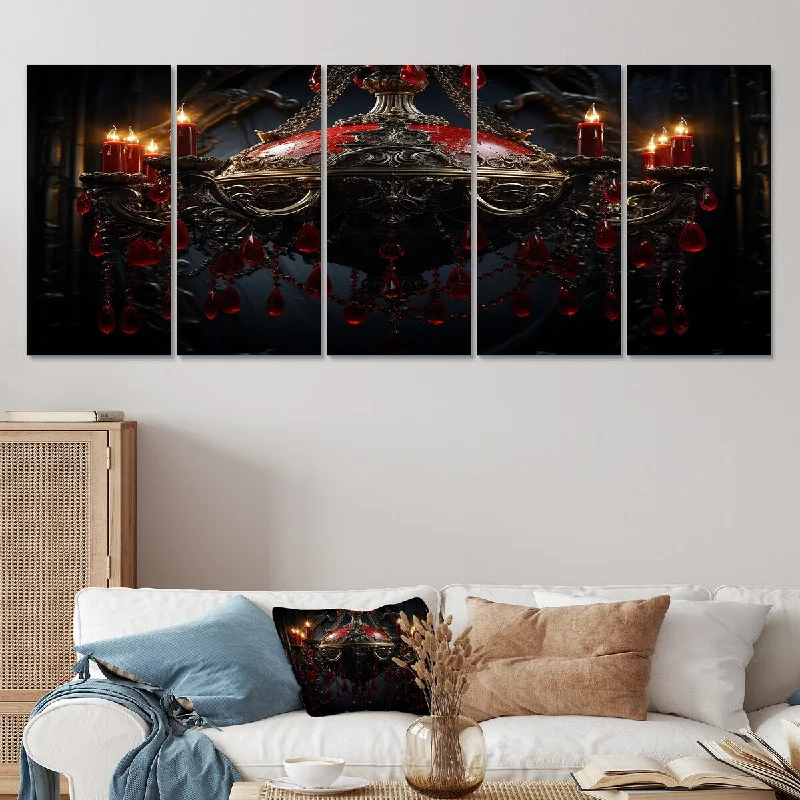 coastal beach wall art paintings-Designart "Red Gothic Luminary Grace" Red Chandelier Set Of 5 - Glam Oversized Wall Art Decor For Hallway