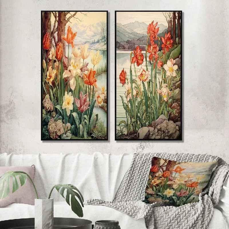 tropical abstract canvas wall art-Designart "Red Tulips Blooming Retro Illustration II" Wildflowers Framed Wall Art For Bedroom Wall Art Set Of 2