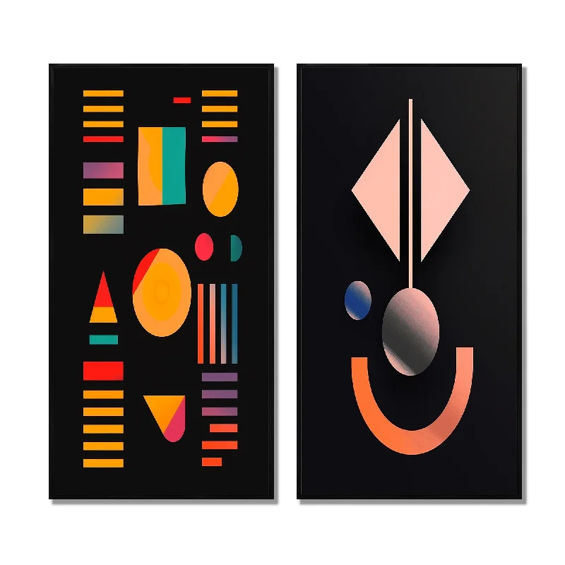 hand-painted nature-inspired canvas paintings-Designart "Retro Geometric On Black I" Modern Geometric Framed Wall Art Modern Canvas Set Of 2 For Living Room Decor