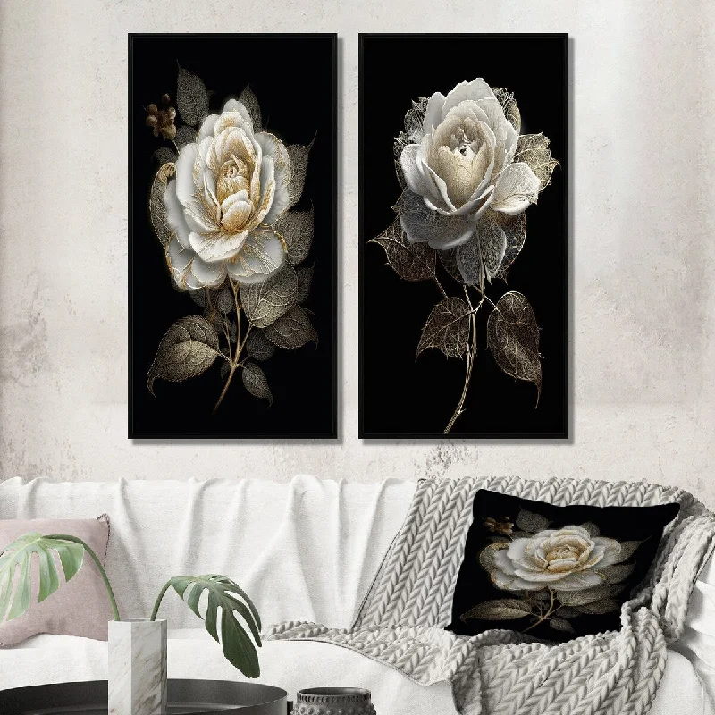 artistic floral nature canvas paintings-Designart "Retro White Rose Portrait On Black II" Rose Framed Wall Art Set Of 2 - Traditional Wall Art Set Of 2