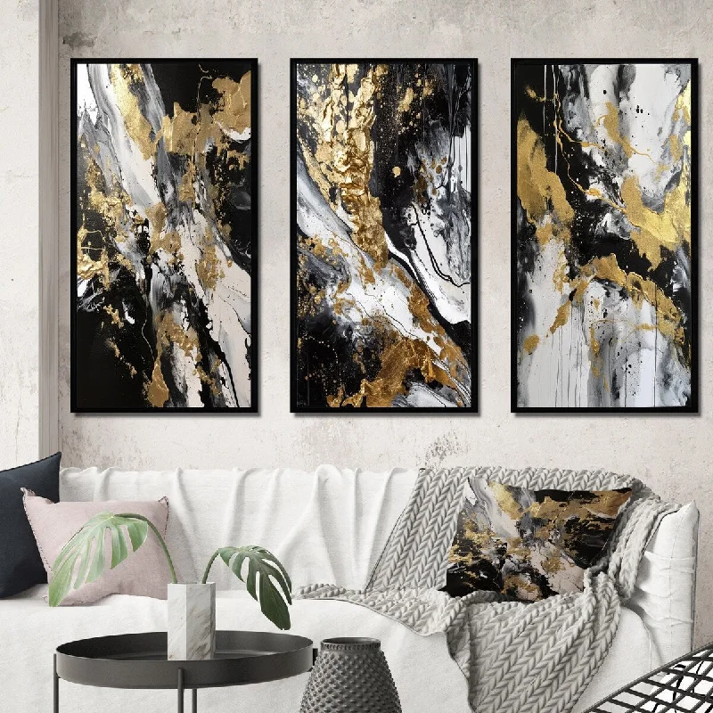 vintage geometric art canvas paintings-Designart "River Happiness Abstract Gold Black White II" Abstract Painting Frame Gallery Set Of 3 For Office Decor