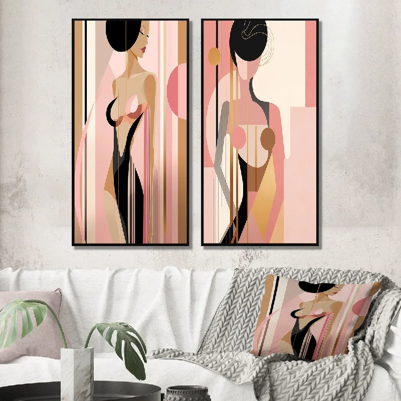 geometric cityscape wall paintings-Designart "Sensual Elegance Art Nouveau Woman Pink And Gold" Avant-Garde Framed Gallery Set For Office Decor