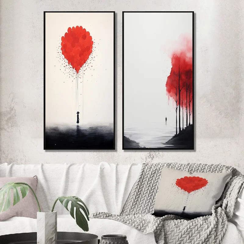 large tropical beach canvas paintings-Designart "Serenity Minimal Watercolor In Tender Red II" Abstract Wall Art Décor Gallery Set For Office Decor