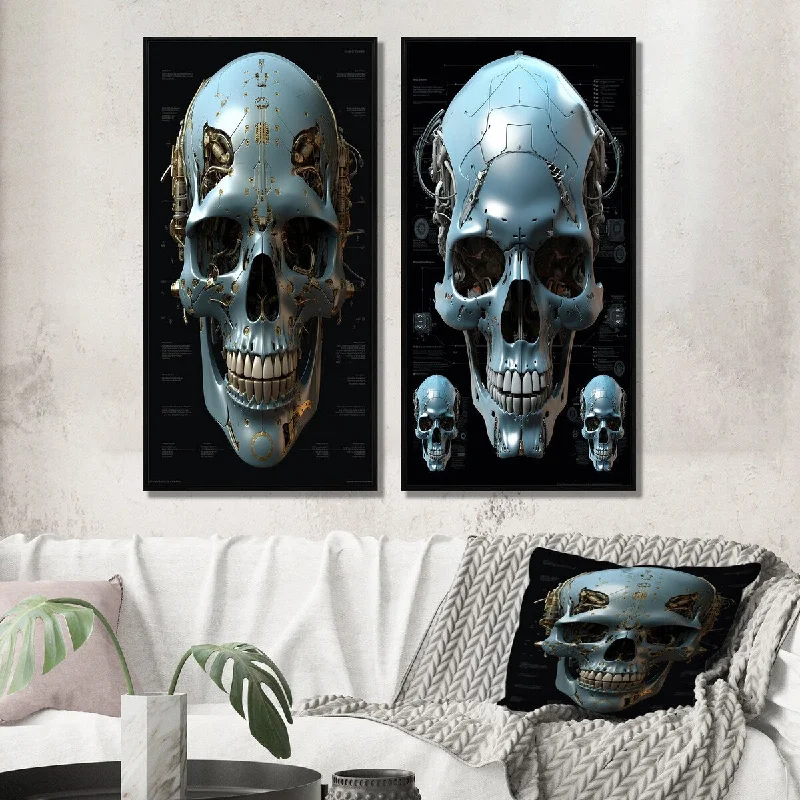 coastal vintage canvas paintings-Designart "Smiling Cyborg Skull Funky Halloween II" Skull Wall Art Décor - Modern Gallery Set For Office Decor