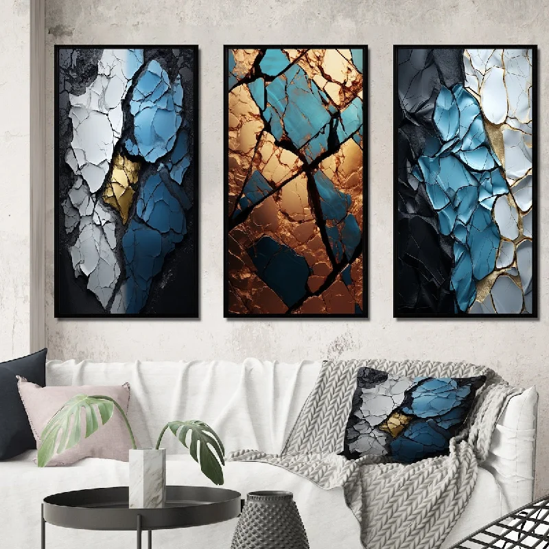 hand-painted coastal wall art paintings-Designart "Turquoise White And Gold Marble Art I" Abstract Painting Framed Wall Art Set Of 3 - Modern For Home Decor