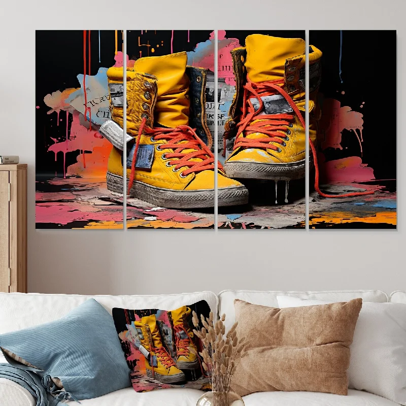 retro tropical abstract wall paintings-Designart "Urban Edge Sneakers" Balenciaga Extra Large Canvas Set Of 4 - Oversized Glam Wall Art Decor For Hallway