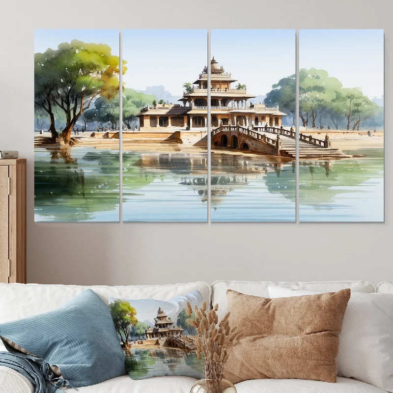 vibrant nature landscape wall art-Designart "Vietnam Temple Lotus Pond Serenity" China Art Extra Large Canvas Set Of 4 - Oversized Global Wall Art Decor