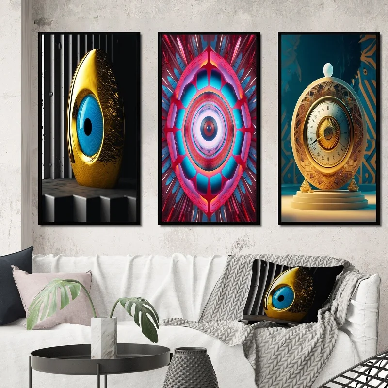 modern retro beach canvas paintings-Designart "Visions Of Eye Of Consciousness Futuristic IX" Eye Framed Wall Art Set Of 3 Glam Gallery Set For Office Decor