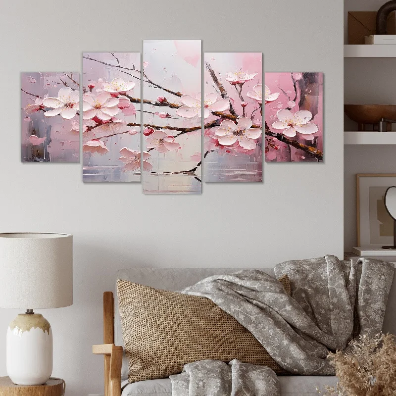 coastal tropical wall canvas paintings-Designart "White And Pink Cherry Tree Bloom V" Pink Cherry Set Of 5 Traditional Oversized Wall Decor Art For Living Room