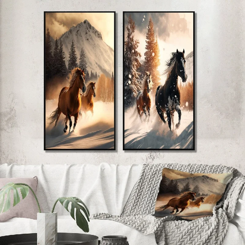 large nature-inspired abstract paintings-Designart "Wild Horses Galopping Winter Scene IV" Animals Horse Wall Art Décor - Children's Art Wall Art Set Of 2