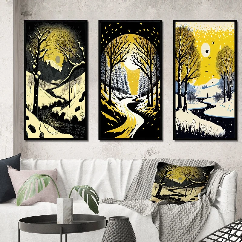 unique retro wall art paintings-Designart "Winter Trees With Snow Mountain River I" Landscape Forest Frame Gallery Wall Set Of 3 For Home Decor