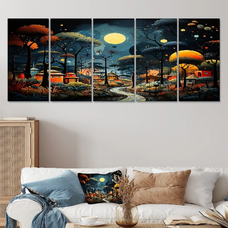 artistic large cityscape canvas paintings-Designart "Yellow African Pygmy Village Chronicles II" African Tribal Set Of 5 Oversized Canvas Art For Bedroom Decor