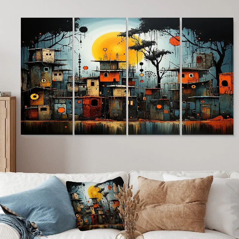 abstract large beach canvas paintings-Designart "Yellow African Pygmy Village Chronicles III" African Tribal Canvas Set Of 4 - Oversized Global Wall Art