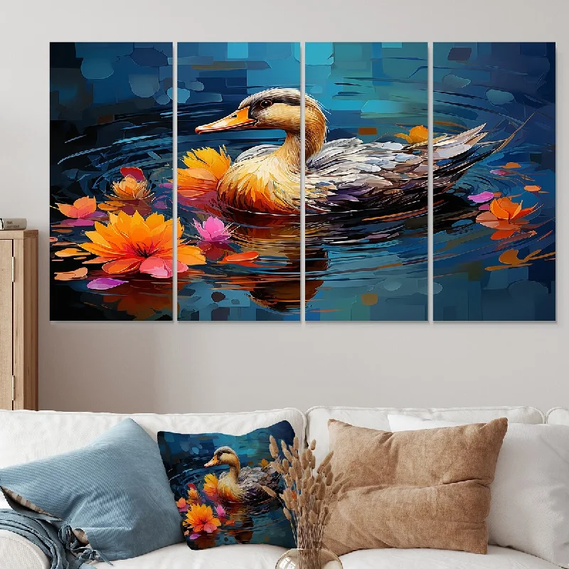 large modern canvas floral paintings-Designart "Yellow And Blue Duck By The Floral Pound I" Duck Canvas Set Of 4 - Oversized Modern Farmhouse Wall Art