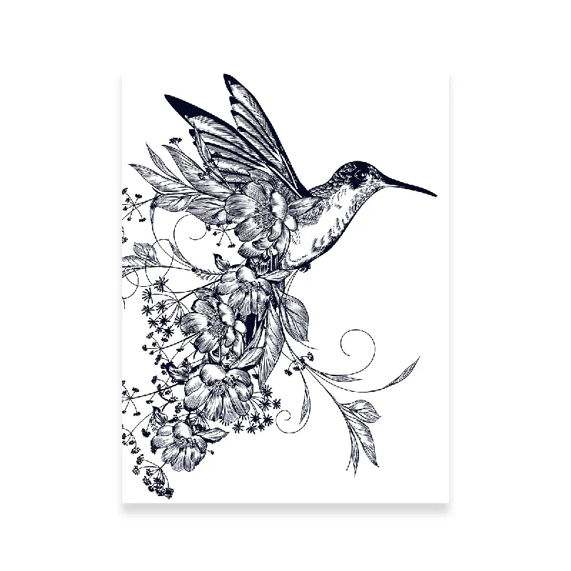 contemporary colorful botanical paintings-Elegant Hummingbird with Flowers