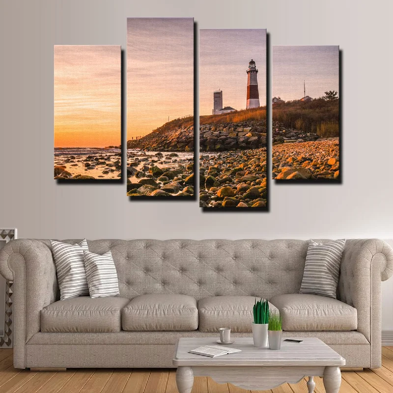 retro coastal landscape wall paintings-Long Island Lighthouse Canvas Set