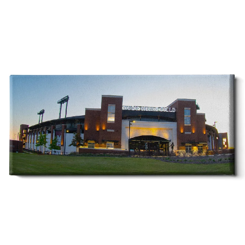 tropical retro canvas art paintings-Mississippi State Bulldogs - Dudy Noble Field Sunrise Panoramic