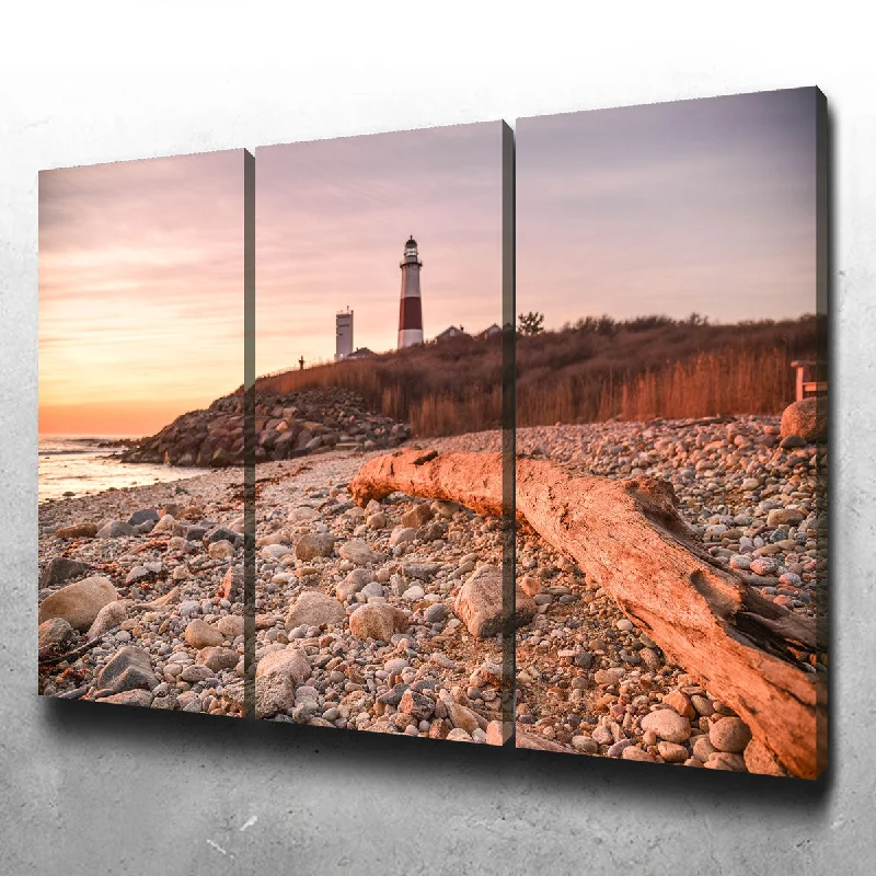 contemporary coastal botanical paintings-Montauk Point Lighthouse Canvas Set