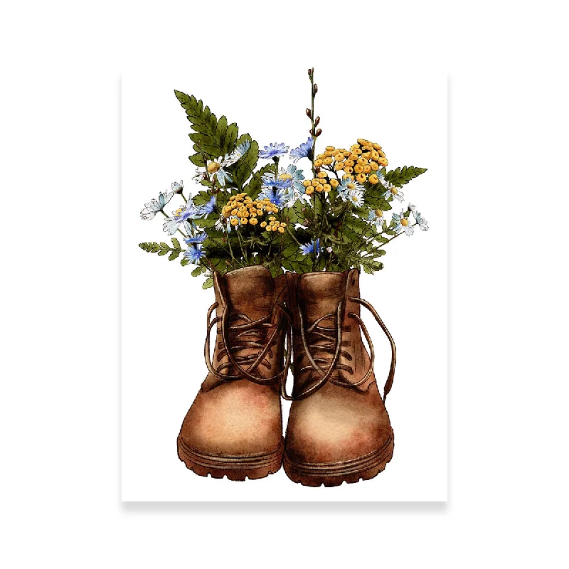 geometric floral abstract wall paintings-Vintage Boots with Wildflowers